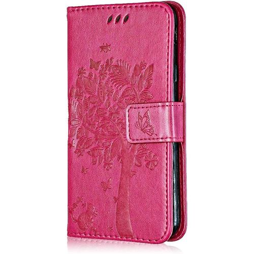 Coque Pour Iphone 8 Plus, Coque Pour Iphone 7 Plus, Etui En Cuir Pu Portefeuille, Flip Housse Retro Emboss Serie De Chat Et Darbre Pour Iphone 8 Plus/7 Plus - Rose Vif
