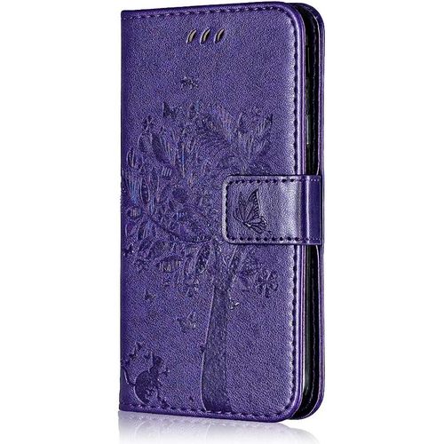 Coque Pour Huawei P10 Plus, Etui En Cuir Pu Portefeuille, Antichoc Flip Case Housse Retro Emboss Serie De Chat Et Darbre Pour Huawei P10 Plus - Violet