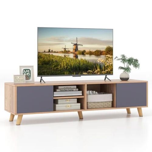 Meuble Tv Pour Tv 65" Costway Avec 3 Compartiments 2 Portes, 3 Trous De Gestion Des Câbles, Pour Salon, Chambre, 152 X 40 X 40 Cm