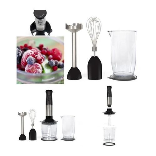 MIXEUR PLONGEANT ELECTRIQUE 800W 4 lames AVEC HACHOIR + FOUET+ RECIPIENT Noir/Aluminium