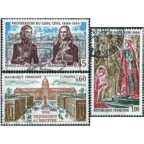 France 1973, Belle Série Histoire, Timbres Yvert 1774 1775 1776, Bonaparte Et Portalis, Le Code Civil, Encouragement À L'industrie Et Le Sacre De Napoléon, Oblitérés, Tbe.