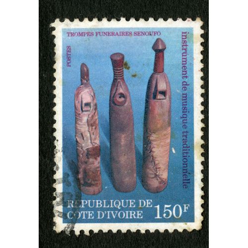 Timbre Oblitéré République De Cote D'ivoire, Trompes Funéraires Senoufo, Instrument De Musique Traditionnelle, 150 F, Postes