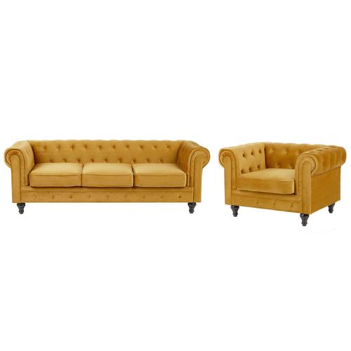 Ensemble Canapé Et Fauteuil En Velours Jaune Moutarde 4 Places Chesterfield