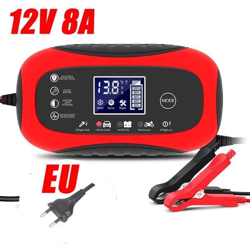 Prise Ue Rouge 12v8a - Chargeur De Batterie De Voiture, Charge Rapide Intelligente, Type De Réparation'impulsions, Arrêt Automatique Complet, Double Mode Plomb Acide Pour Moto Et Camion