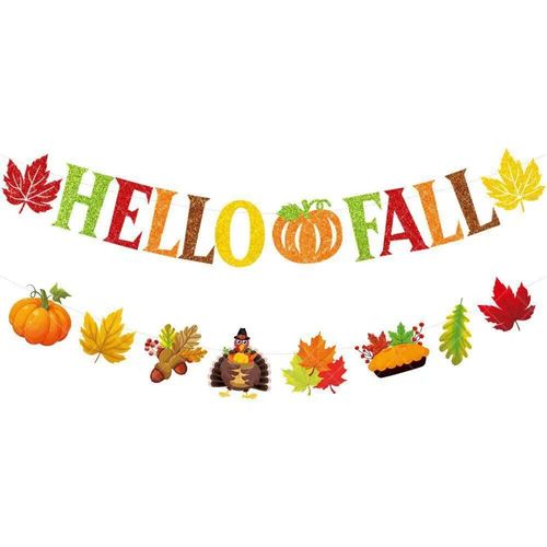 Décoration De Fête D'automne Hello Fall Feel Banner,Harvest Festival,Thanksgiving Party,Pumpkin Maple Scalp Family Party,Confrontal Garla - Type Two Strings