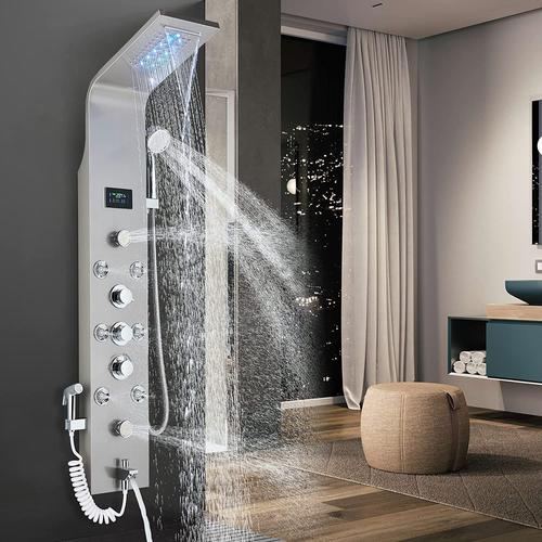 Colonne de douche hydromassante LED, 6 Jets panneau de douche pour Salle de Bain, système douche mural Multifonctionnel Ensemble De Douche Nickel Brossé