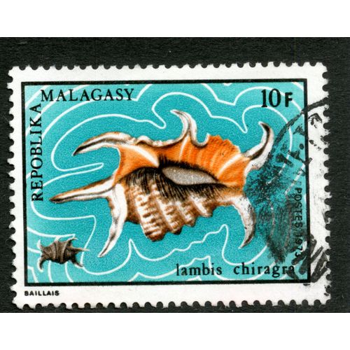 Timbre Oblitéré Repoblika Malagasy, Lambis Chiragro, 10 F, Baillais, Postes 1973