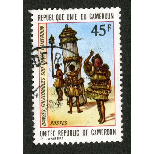 Timbre Oblitéré République Unie Du Cameroun, Danses Folkloriques Sud-Ouest Cameroun, 45 F, Postes, Lambert