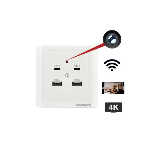 Prise Murale - Caméra espion 4K WIFI - Recharge USB-C et USB-U - Blanche avec Détection de mouvement et vision nocturne