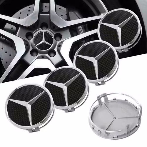 4 Centres De Roue Caches Moyeux Mercedes Benz Effet Carbone Noir 75mm