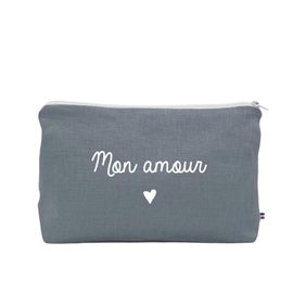 Trousse De Toilette En Lin "Mon Amour" - Bleu Grisé - Bleu Gris