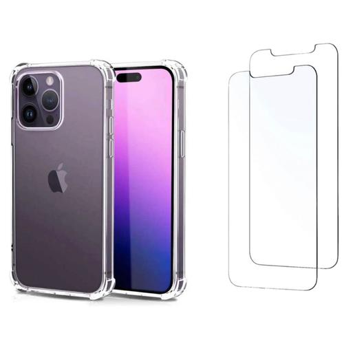 Coque Iphone 14 Pro Coque Transparente Avec Bords Renforcés + 2 Verres Trempés, Lots De 2 Films De Protection D Écran