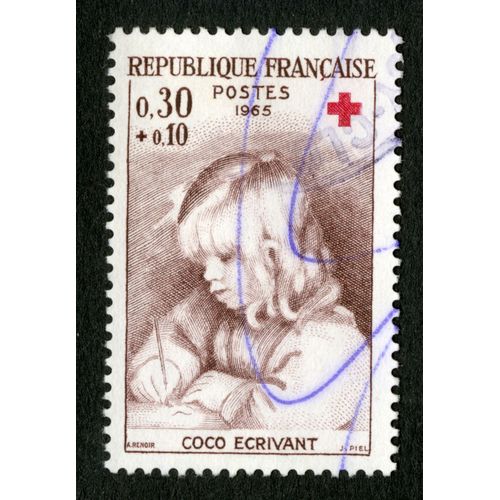 Timbre Oblitéré Coco Écrivant , A.Renoir, République Française, Postes 1965, 0.30+0.10