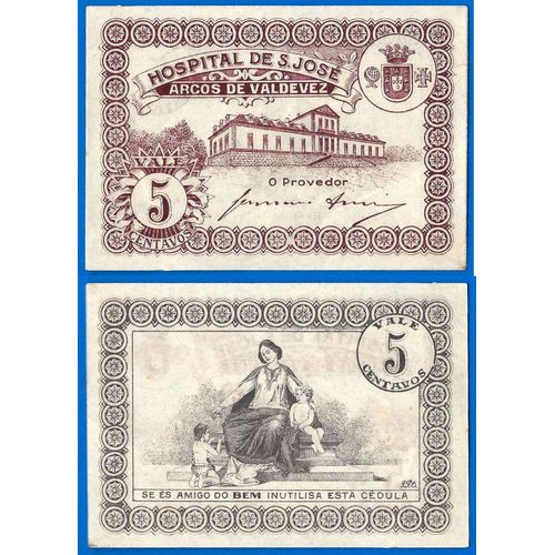Portugal 5 Centavos 1920 Hopital San Jose Billet D'urgence Arcos De Valdevez Escudo Billet