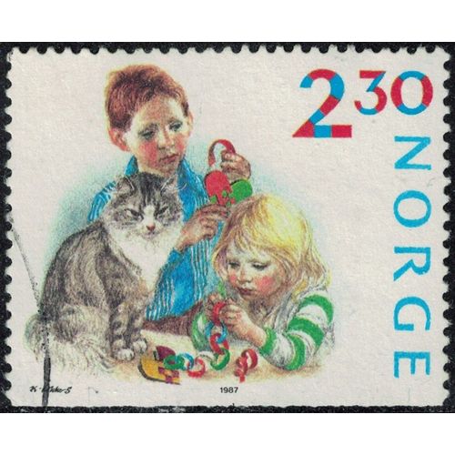 Norvège 1987 Oblitéré Used Préparatifs De Noël Enfants Et Leur Chat Y&t No 940 Su