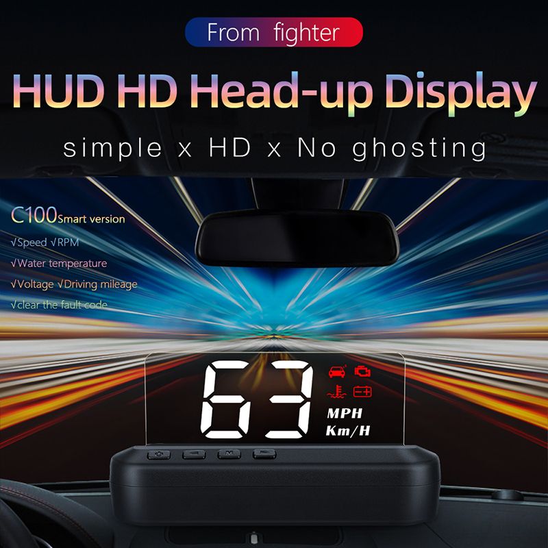 Miroir intelligent HUD affichage tête haute OBD2 compteur de vitesse voiture  projecteur surveillance automatique de la tension KMH/KPM C100 affichage du  projecteur
