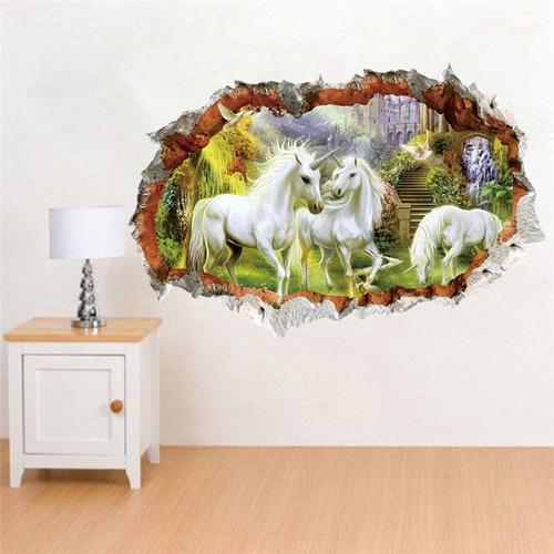 Autocollant cheval licorne 3D Mural | Étiquette murale, décoration murale, pour la maison, salon moderne, 50x70 cm