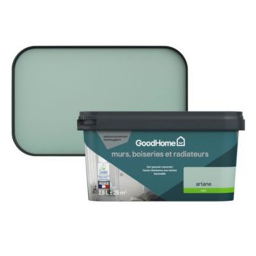 Peinture intérieure couleur murs  boiseries et radiateurs GoodHome Artane satin vert 2 5L
