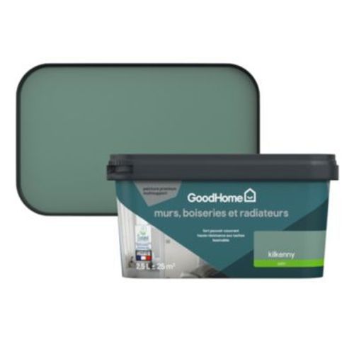 Peinture intérieure couleur murs  boiseries et radiateurs GoodHome Kilkenny satin vert 2 5L