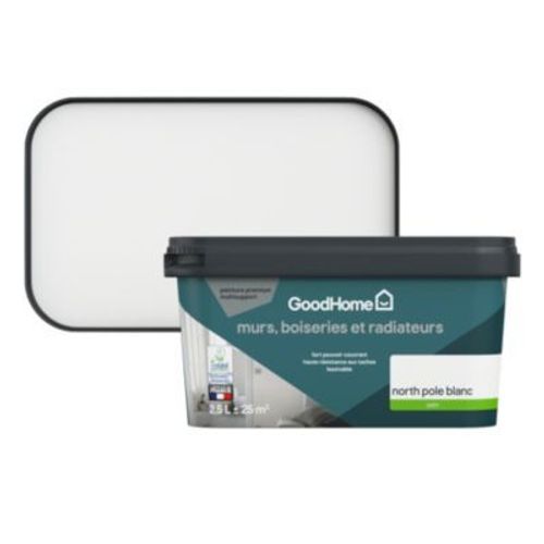 Peinture intérieure couleur murs  boiseries et radiateurs GoodHome North Pole satin blanc 2 5L