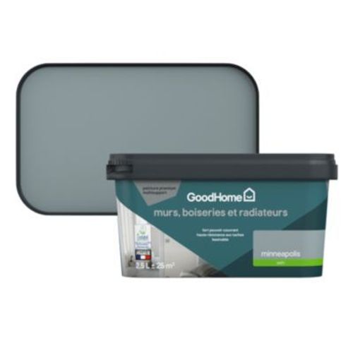 Peinture intérieure couleur murs  boiseries et radiateurs GoodHome Minneapolis satin gris 2 5L
