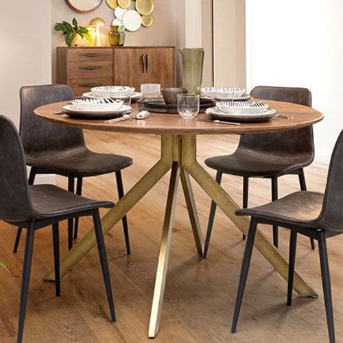 Table À Manger Ronde 120x76 Cm En Manguier Marron Et Laiton - Crowne