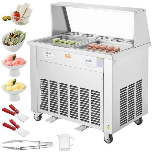 Machine À Glace Roulée-Vevor-Avec 2 Casseroles 38x38 Cm-Plancha À Glace Roulée En Inox Alimentaire-Pour Boutiques De Desserts