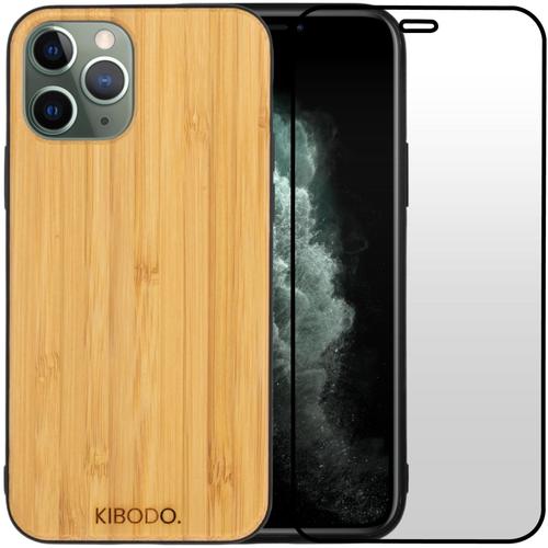 Coque Iphone 11 Pro Max En Bois + Ecran De Protection En Verre Trempé 9d - Matériaux Tpu + Bambou Massif - Coque Légère Et Solide - Antichoc