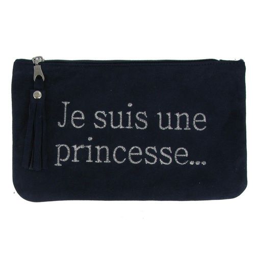 Pochette Sac Daim Brodé Je suis une Princesse Couleur Bleu Marine