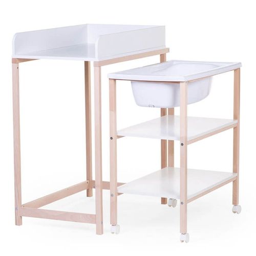 Table À Langer Avec Baignoire Et Roues Blanc Naturel