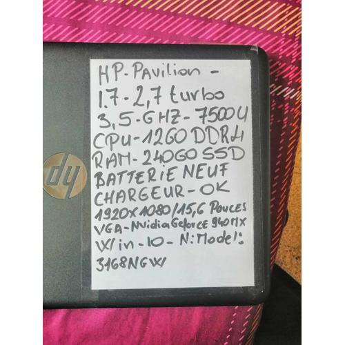 HP Pavilion 3168NGW - 15.6" Intel Core i7-7500U - 2.7 Ghz - Ram 12 Go - SSD 240 Go