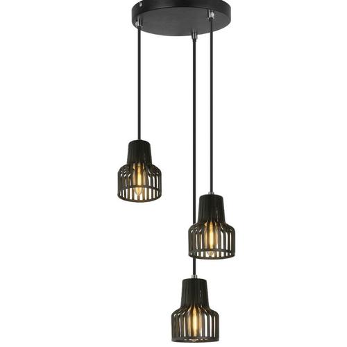 Keria Hobart Lumière Plafond Suspension Tendance Industrielle Plafonnier 3 Spots Pour Ampoules E14 Hauteur 150 Cm - Moderne Design Noir Metal Verre Fumé