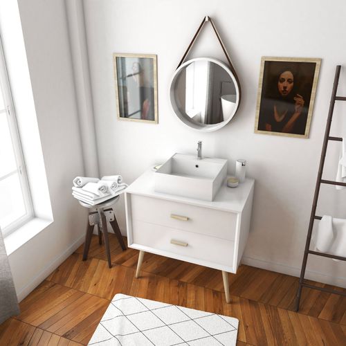 Meuble De Salle De Bain Scandinave Blanc 80 Cm Sur Pieds Avec Tiroirs - Vasque A Poser Et Miroir