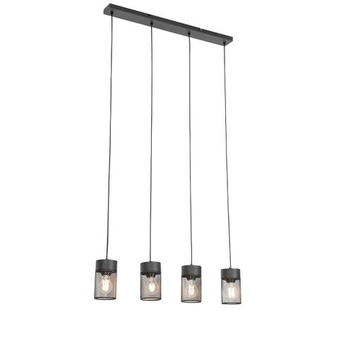 Qazqa Moderne Industriële Hanglamp Zwart 4-Lichts - Jim Acier Noir Oblongue / Luminaire / Lumiere / Éclairage / Intérieur / Salon / Cuisine E27 Max. 4 X 40 Watt
