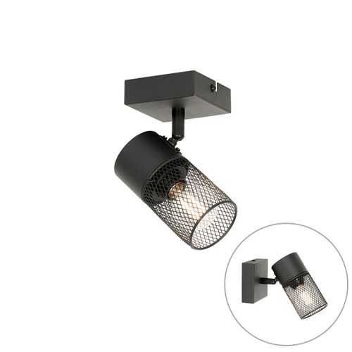 Qazqa Moderne Industriële Plafondplafonnier Spot Zwart Verstelbaar - Jim Acier Noir Rond / Luminaire / Lumiere / Éclairage / Intérieur / Cuisine E27 Max. 1 X 40 Watt