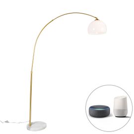 Qazqa Moderne Smart Booglamp Messing Met Witte Kap Incl. Wifi A60 - Arc Basic Acier /Plastique Dorã©/Laiton,Blanc Rond /Oblongue / Luminaire / Lumiere / ÃClairage / Intã©Rieur / Salon E27...