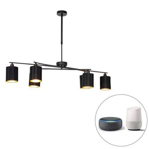 Qazqa Moderne Smart Hanglamp Zwart Verstelbaar Incl. 6 Wifi B35 - Lofty Acier /Tissu Noir Cylindre /Oblongue /Rond / Luminaire / Lumiere / ÃClairage / Intã©Rieur / Salon / Cuisine E14 Max....