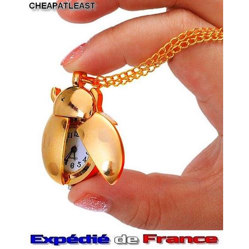 Collier Sautoir Avec Pendentif Mini Montre Coccinelle - Couleur Au Choix (Argent, Doré/Or, Rouge) - Expédié De France