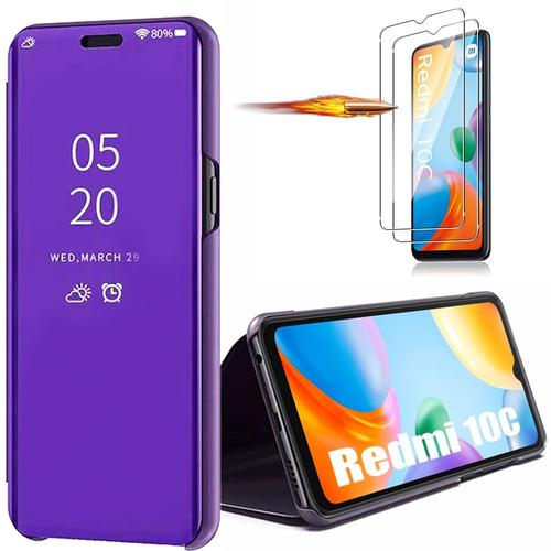 Pack 2 Verres Trempés+ Coque Pour Xiaomi Redmi 10c - Violet Intégrale Effet Miroir Elégante Anti-Rayure Protection - E.F.Connection