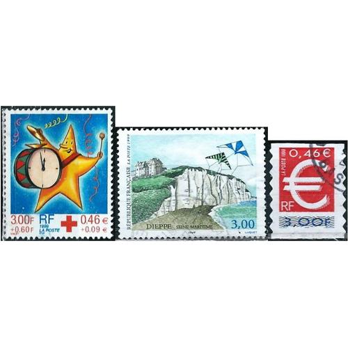 France 1999, Beaux Timbres Yvert 3215 Le Timbre Euro, 3239 Tourisme, Dieppe Et 3288 Au Profit De La Croix Rouge, Étoile Et Tambour - Horloge, Oblitérés, Tbe.