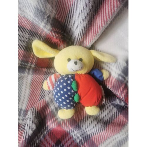 Doudou Hochet Petit Chien Grelot Jaune Corps Tissus Bleu Pois Rouge Rayé Vert Vulli Vintage