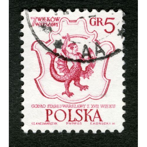 Timbre Oblitéré Polska, 7 Wiekow Warszawy, Godlo Starej Warszawy Z Xvii Wieku, 1965, Gr 5