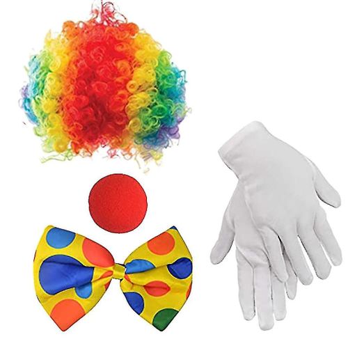 Clown Costume Perruque Clown Nez Accessoires Noeud Papillon Gants Blancs Pour Femmes Hommes Adultes Carnaval P-Ak