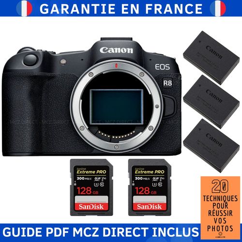 Canon EOS R8 + 2 SanDisk 128GB Extreme PRO UHS-II SDXC 300 MB/s + 3 Canon LP-E17 + Guide PDF MCZ DIRECT '20 TECHNIQUES POUR RÉUSSIR VOS PHOTOS'
