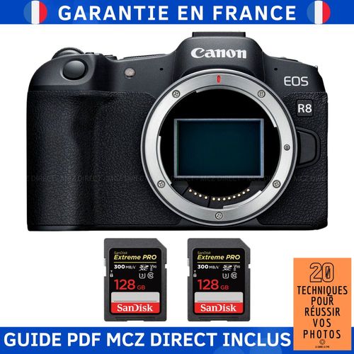 Canon EOS R8 + 2 SanDisk 128GB Extreme PRO UHS-II SDXC 300 MB/s + Guide PDF MCZ DIRECT '20 TECHNIQUES POUR RÉUSSIR VOS PHOTOS'