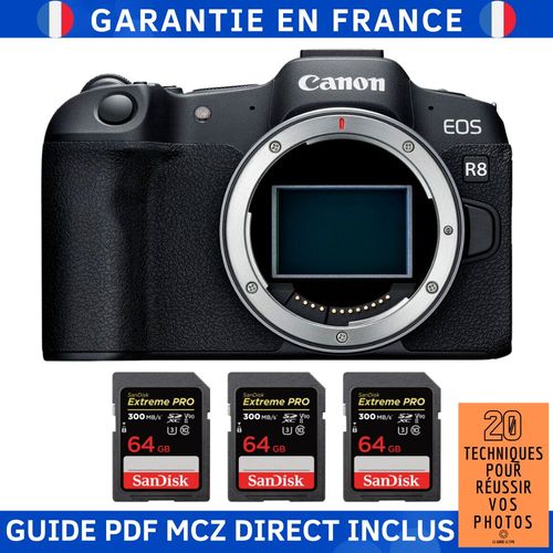 Canon EOS R8 + 3 SanDisk 64GB Extreme PRO UHS-II SDXC 300 MB/s + Guide PDF MCZ DIRECT '20 TECHNIQUES POUR RÉUSSIR VOS PHOTOS'