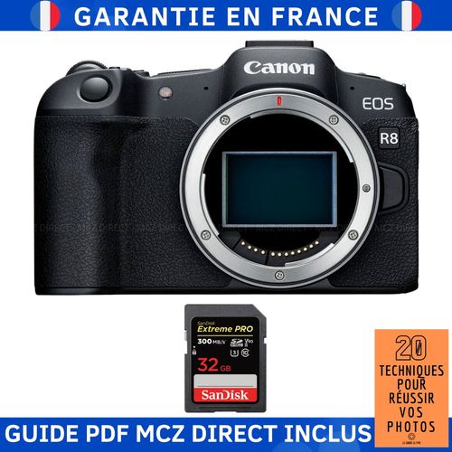 Canon EOS R8 + 1 SanDisk 32GB Extreme PRO UHS-II SDXC 300 MB/s + Guide PDF MCZ DIRECT '20 TECHNIQUES POUR RÉUSSIR VOS PHOTOS'