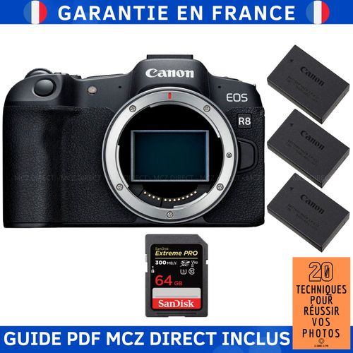 Canon EOS R8 + 1 SanDisk 64GB Extreme PRO UHS-II SDXC 300 MB/s + 3 Canon LP-E17 + Guide PDF MCZ DIRECT '20 TECHNIQUES POUR RÉUSSIR VOS PHOTOS'