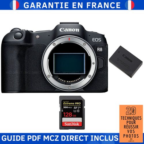 Canon EOS R8 + 1 SanDisk 128GB Extreme PRO UHS-II SDXC 300 MB/s + 1 Canon LP-E17 + Guide PDF MCZ DIRECT '20 TECHNIQUES POUR RÉUSSIR VOS PHOTOS'