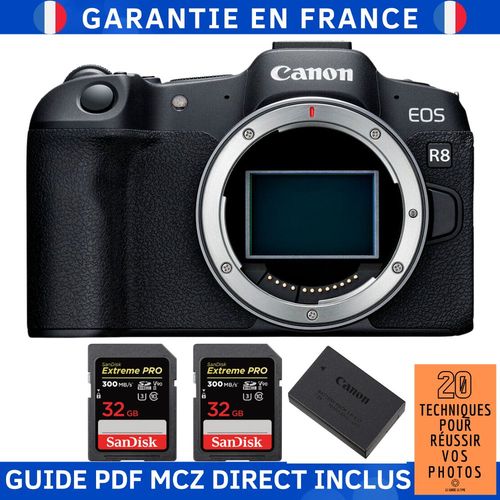 Canon EOS R8 + 2 SanDisk 32GB Extreme PRO UHS-II SDXC 300 MB/s + 1 Canon LP-E17 + Guide PDF MCZ DIRECT '20 TECHNIQUES POUR RÉUSSIR VOS PHOTOS'
